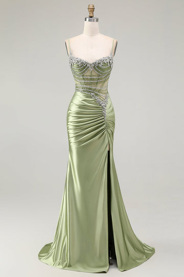 Zapaka Women Sparkly Green Corset Long Formal Dress Satin Spaghetti Straps Mermaid Ruched Evening Dress with Slit